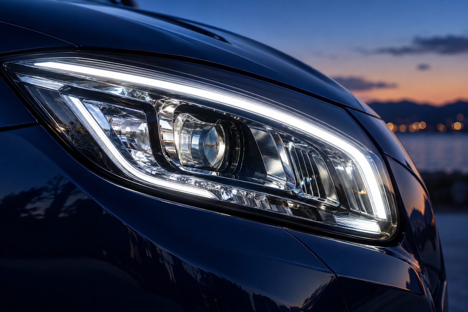 Close-up of a clear car headlight with illuminated white light